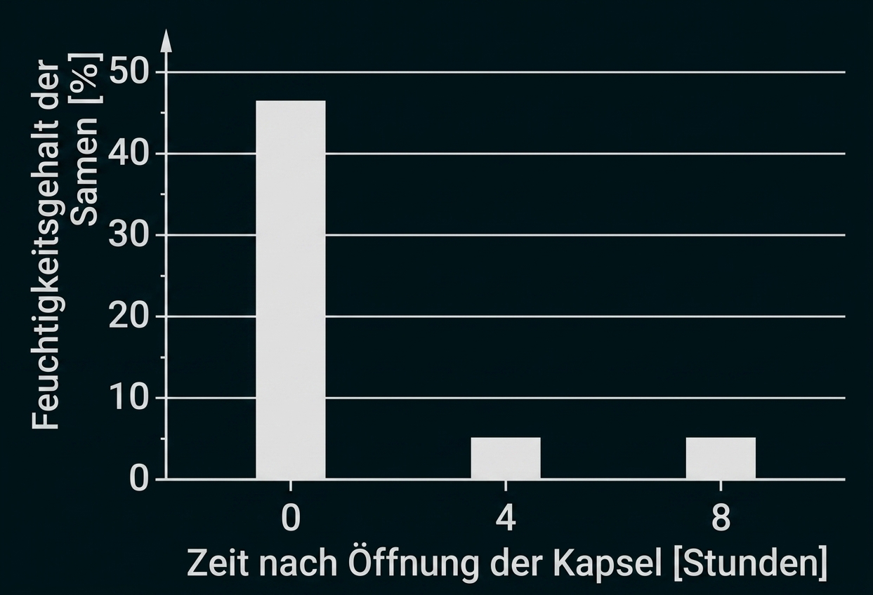 Balkendiagramm zur Feuchtigkeit der Samen nach Öffnung der Kapsel über mehrere Stunden